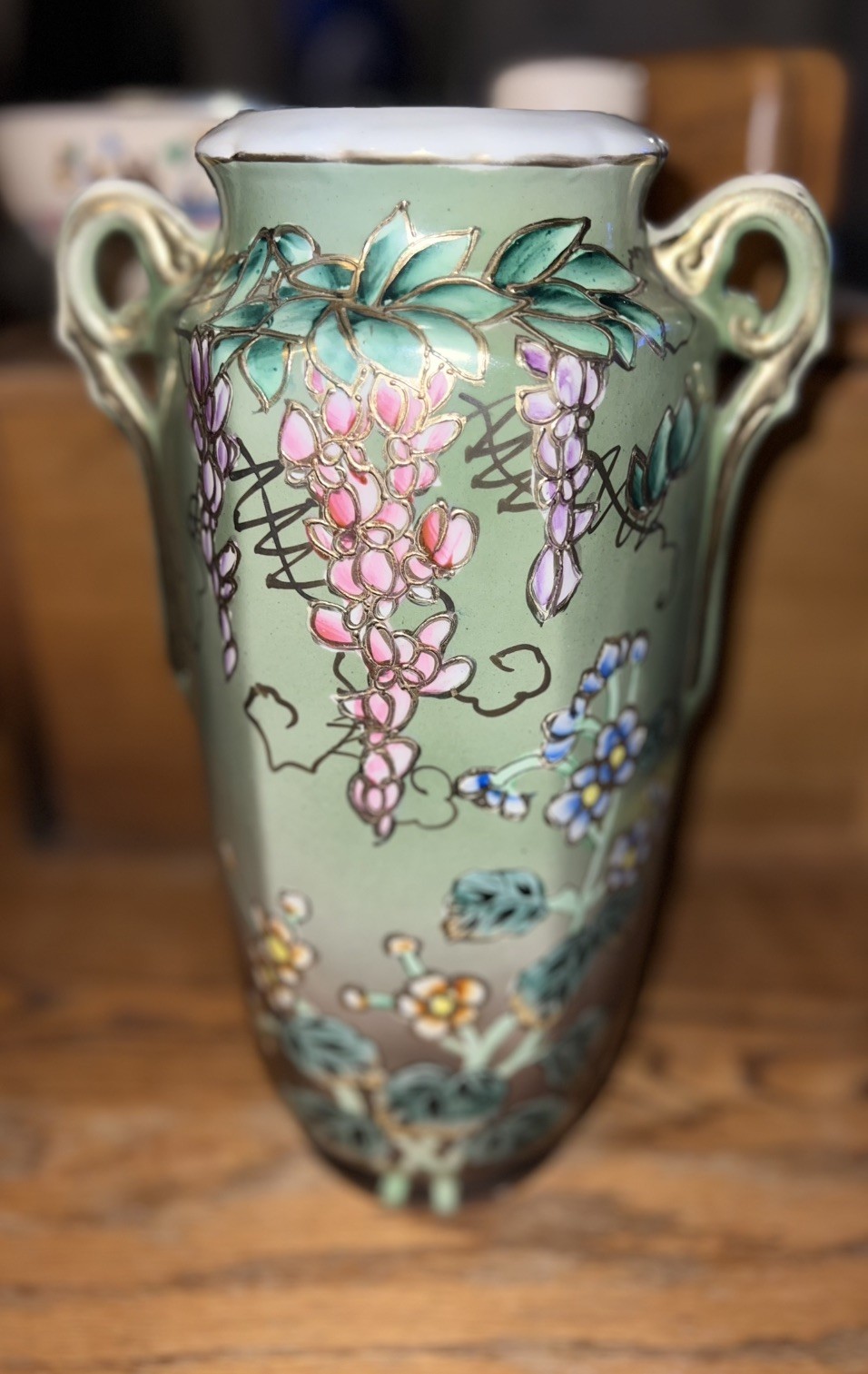 Vintage Royal Nishiki Japan Hand Painted Floral Vase Moriage Double Handle 12”