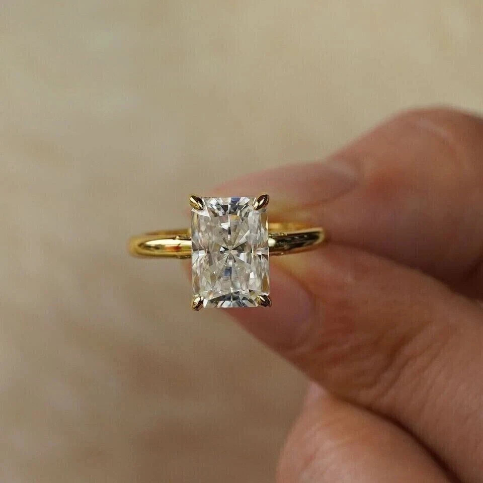 2CT Radiant-Cut VVS1 Moissanite Solitaire Engagement Ring Solid 10K Yellow Gold
