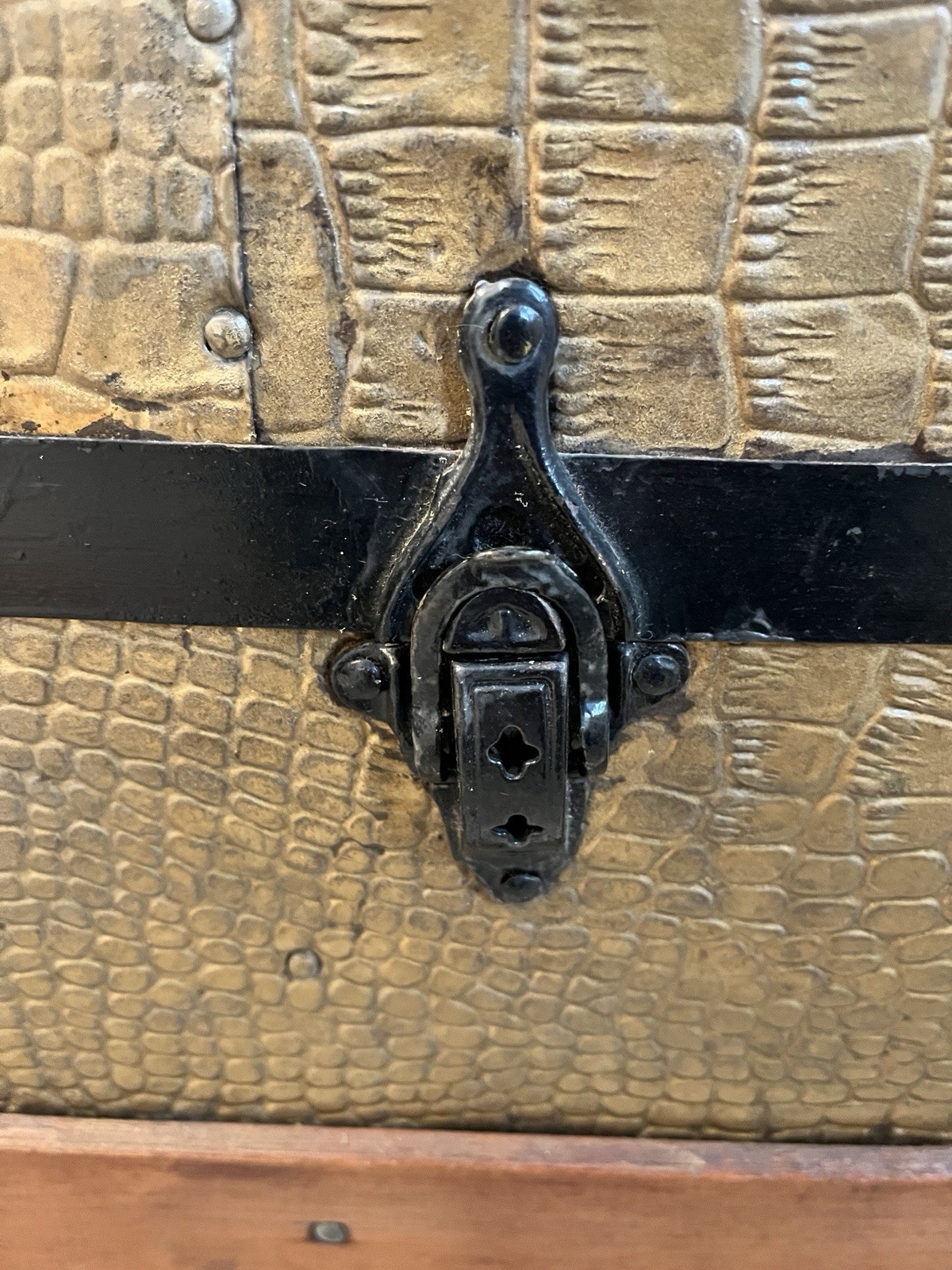 Antique Camelback Steamer Trunk – Alligator, Tin Corners & Wood Banding