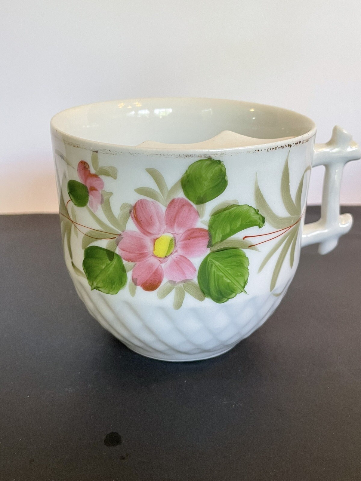 Mustache cup. Victorian white pink green yellow