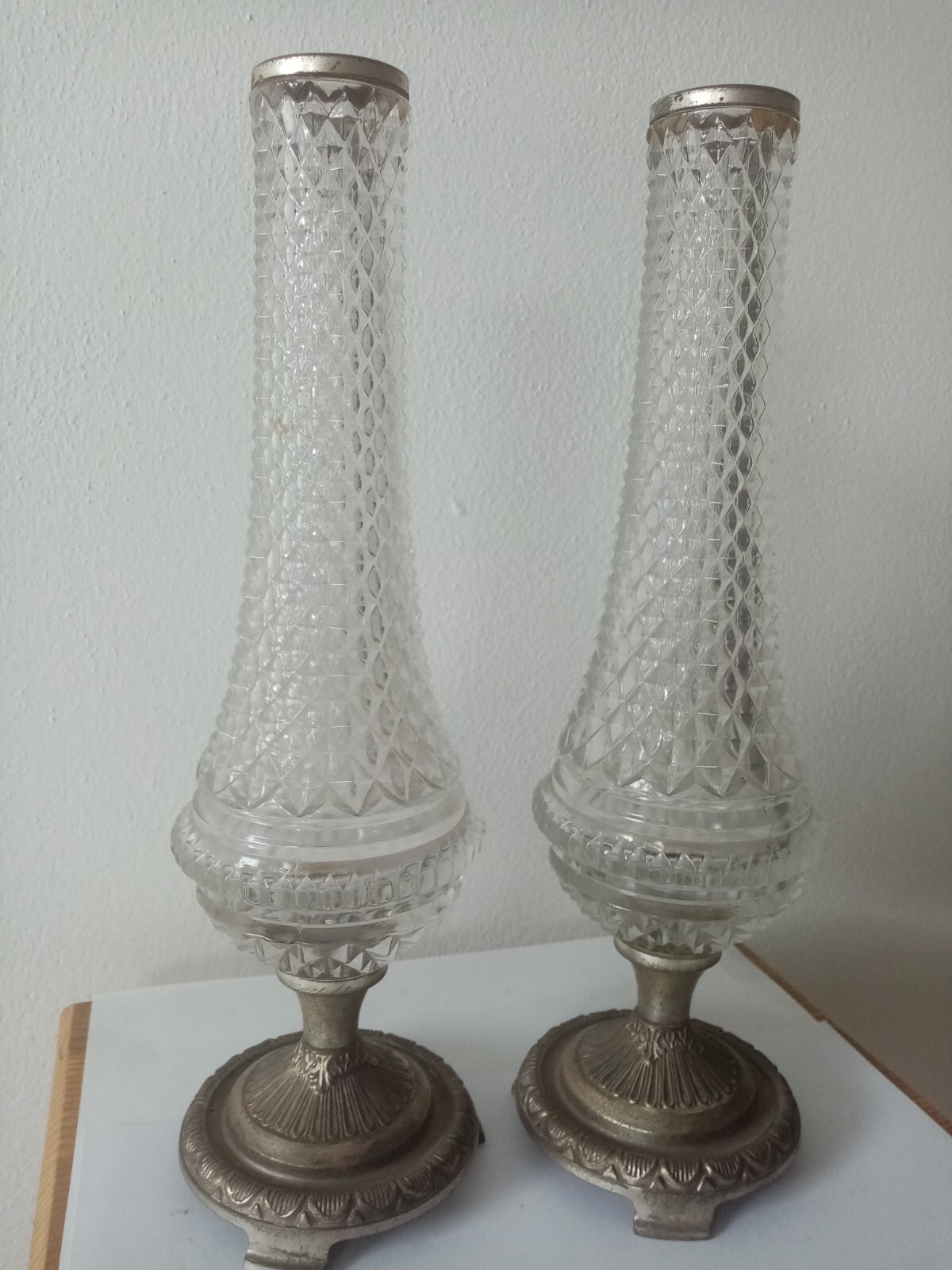 Pair Of Diamond Cut Crystal Vases Metal Flower Vase Early 900 H 33.5 Cm