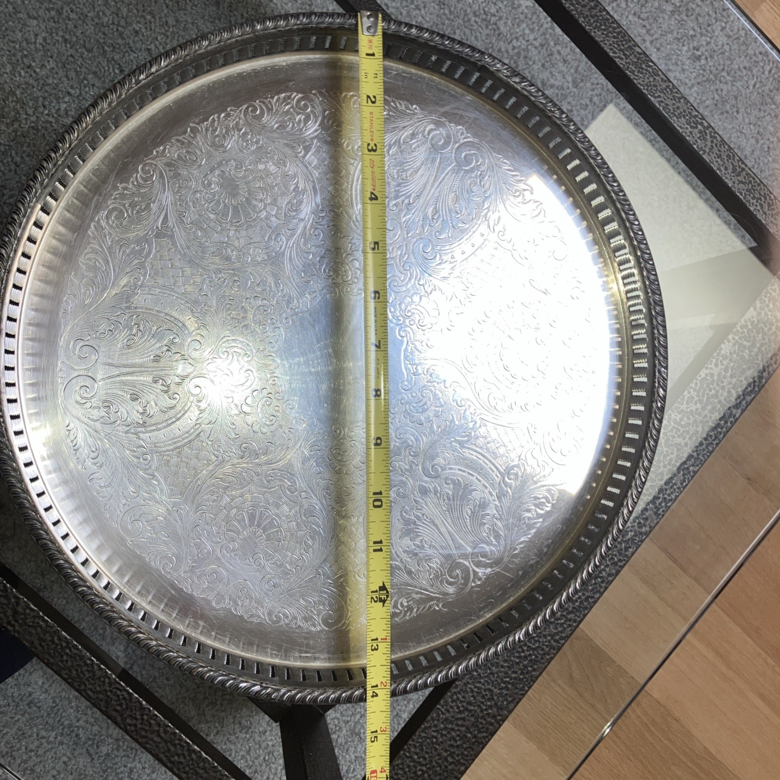 Vintage Wm Rogers & Son 14.5” Round Silverplate Serving Tray Pierced Gallery Rim