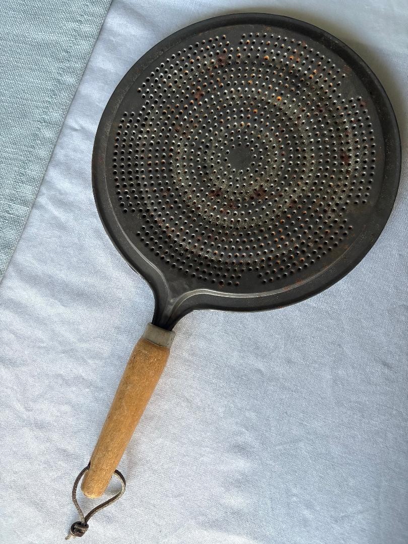 Vintage 1950s heat diffuser Screen Splatter Metal Strainer With Wood Handle 14”