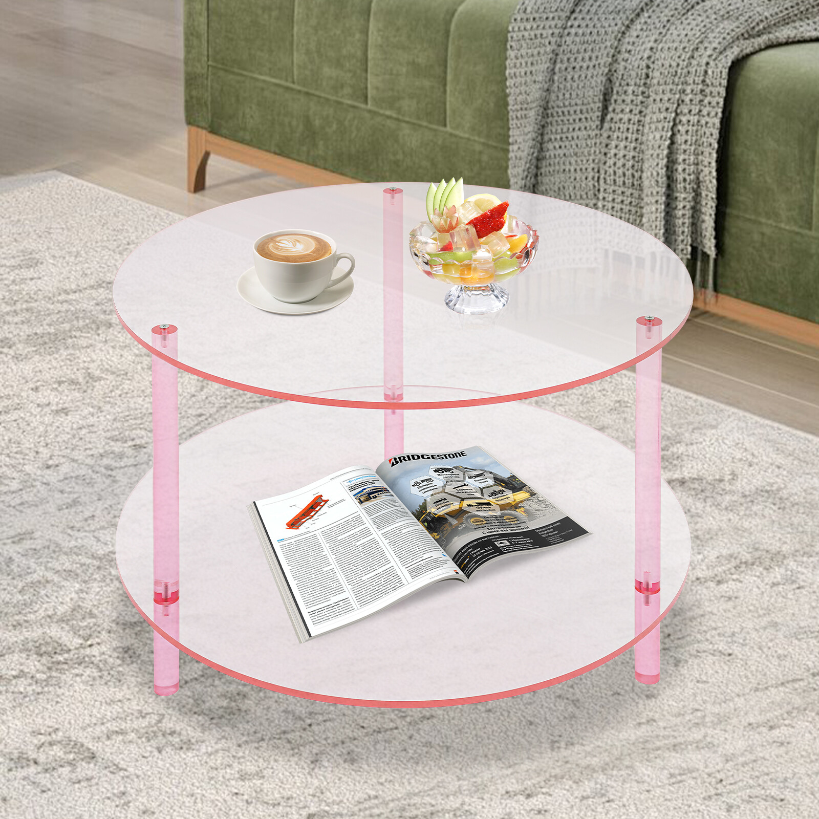 Modern Round Pink Acrylic Coffee Table, Modern Coffee Table, 2-tier Coffee Table