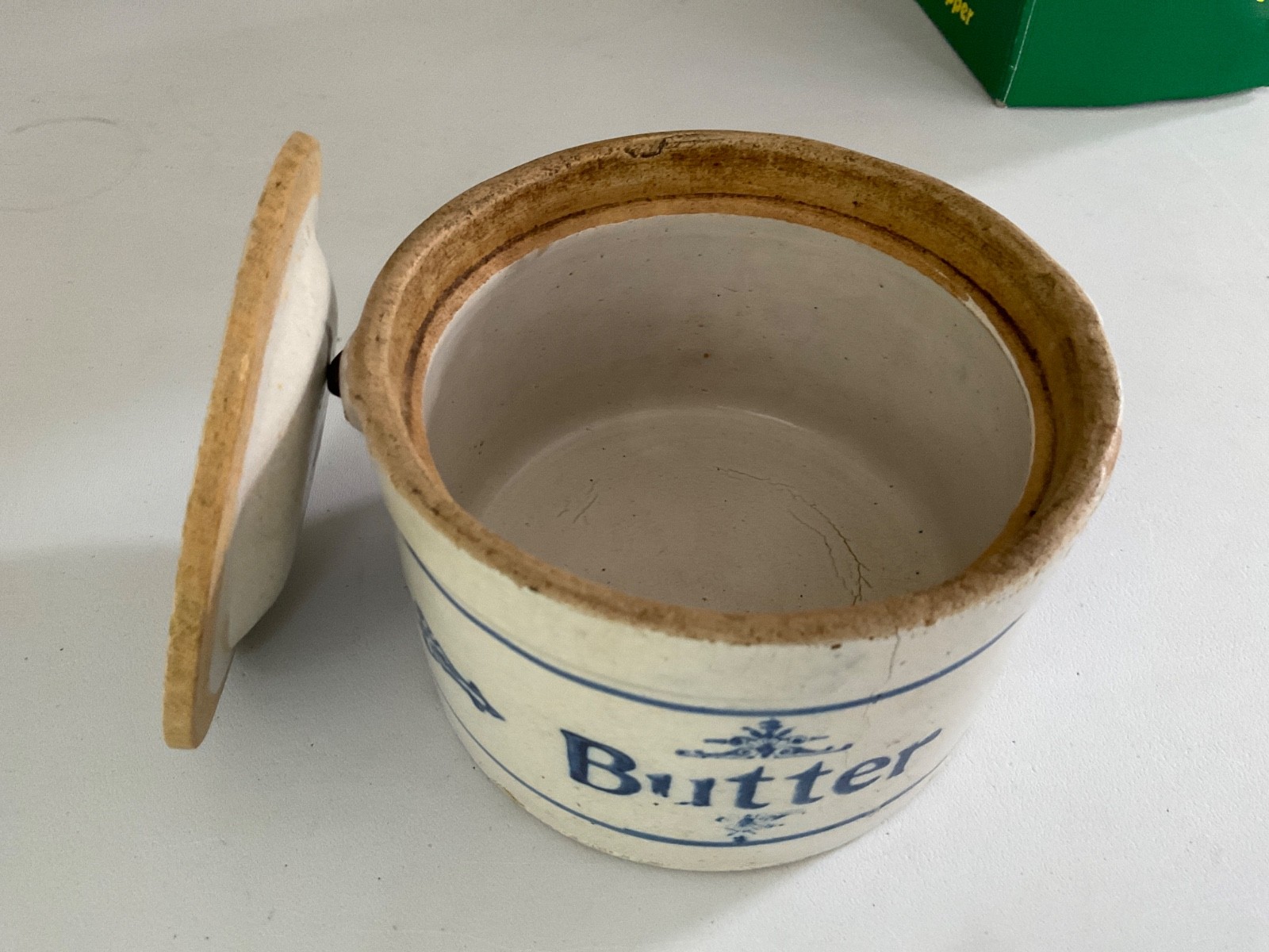 Late 19th Century Butter Crock with Blue Lettering and Lid 3.5” X 5.5”