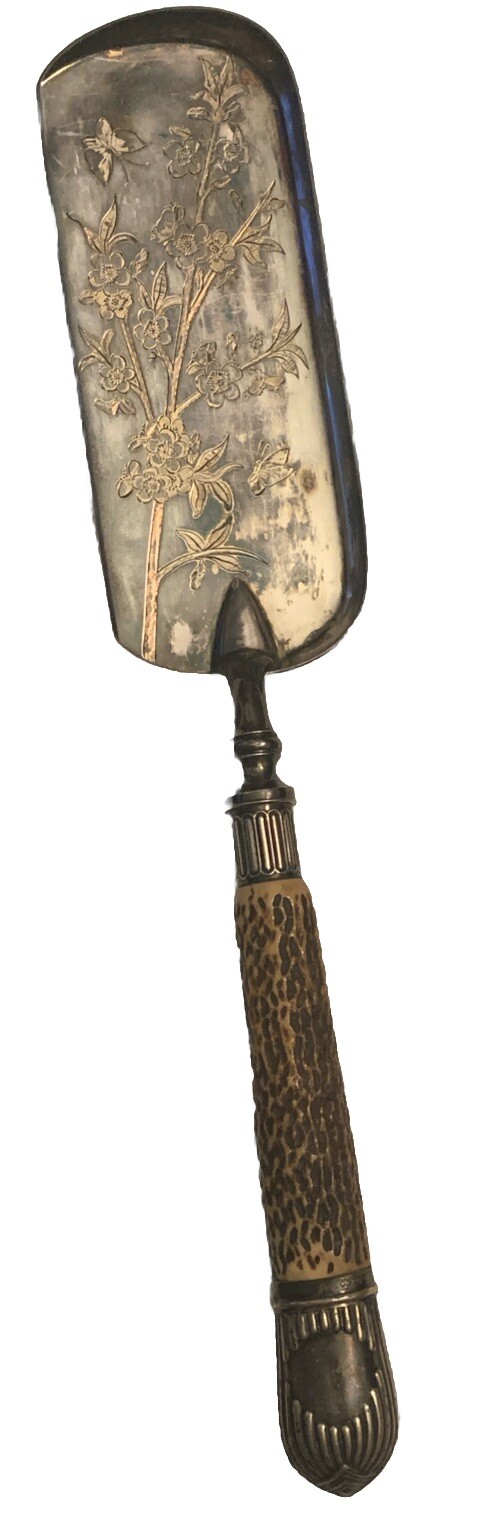 Antique HB&H English Victorian Crumb Scoop Silver/& Plated Stag Antler Handle