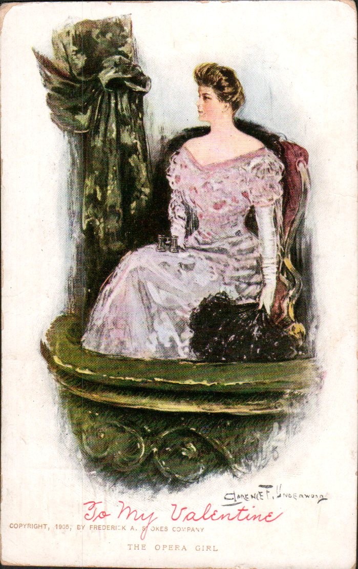Vintage Pretty Woman Opera Box Valentine Clarence Underwood Postcard 1900s 1910s