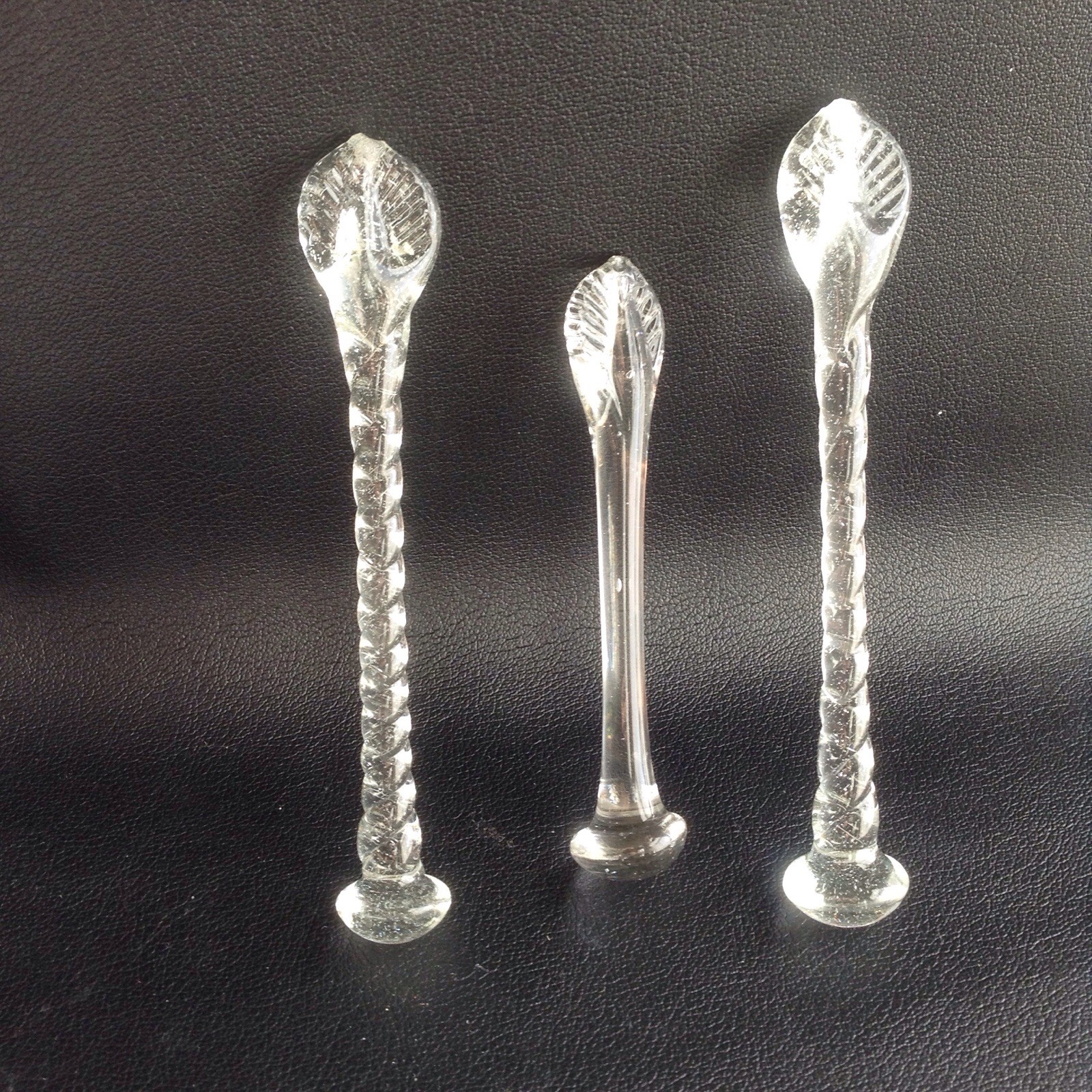 3 Antique Leaf Top Glass Sugar Crushers 2 Barley Twist 138mm, 1 Plain Stem 100mm