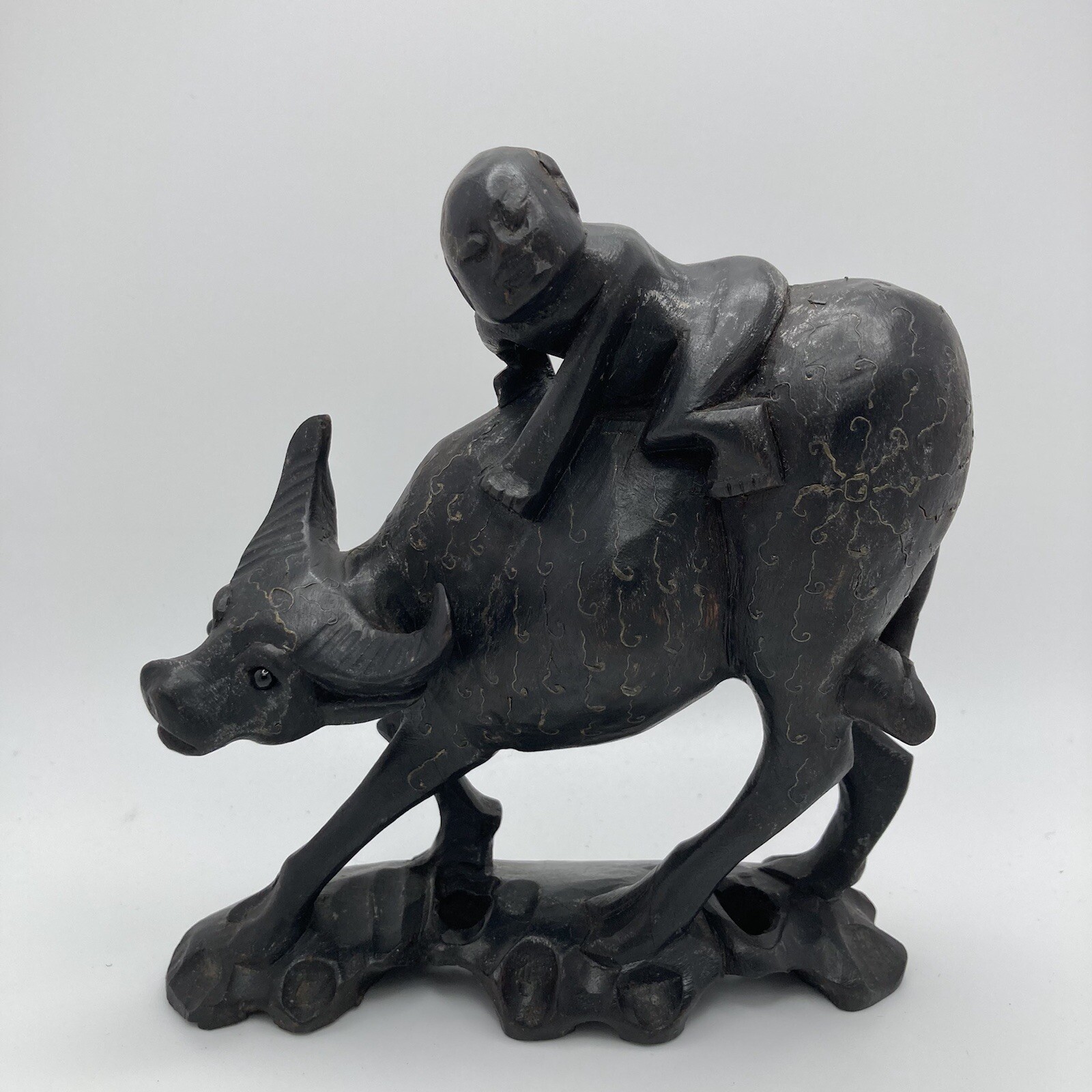 Vintage Circa 20th Century Chinese Carved Wood Statue Ox and Boy Metal Inlay