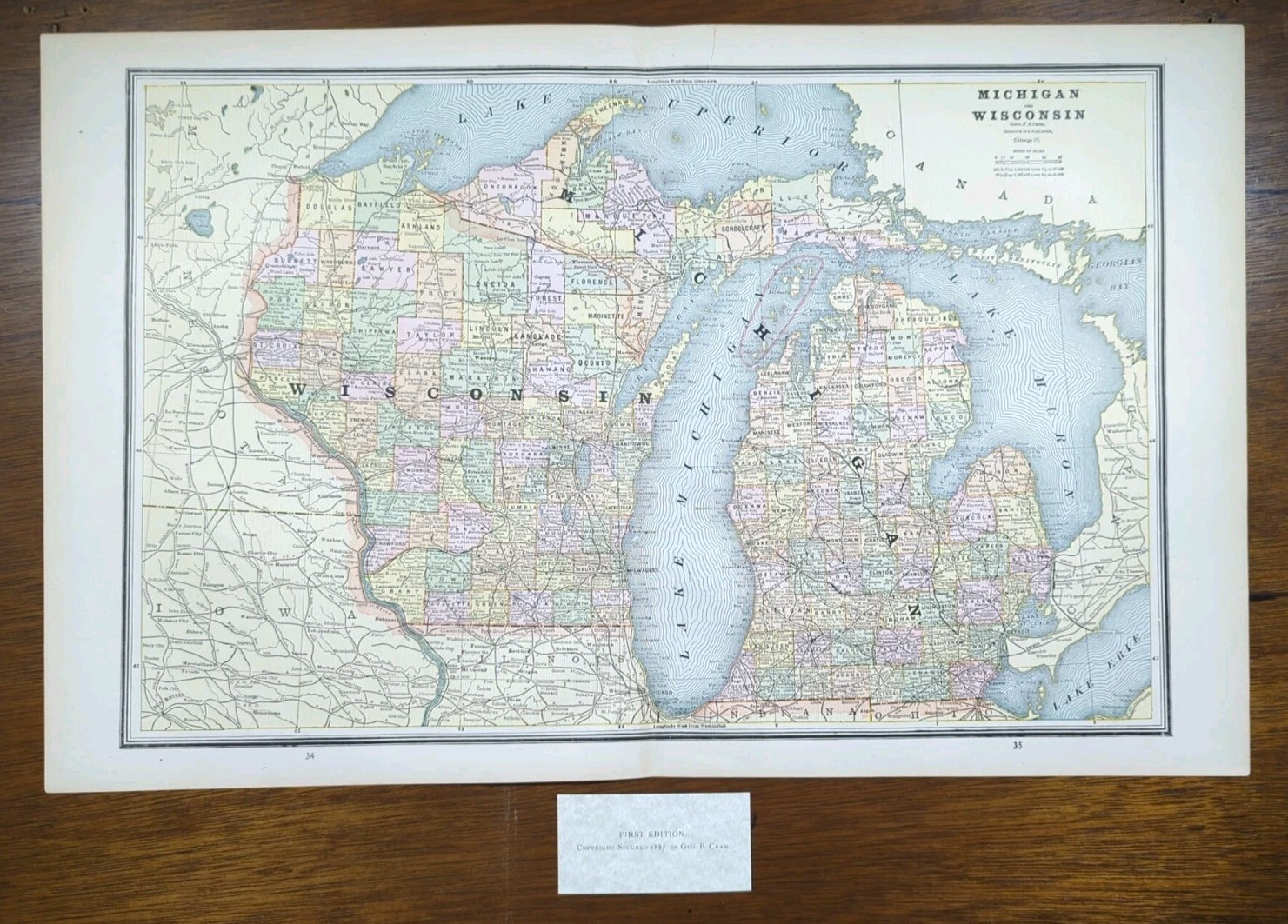 Vintage 1887 MICHIGAN WISCONSIN Map 21″x13″ Old Antique Original IRONWOOD MI
