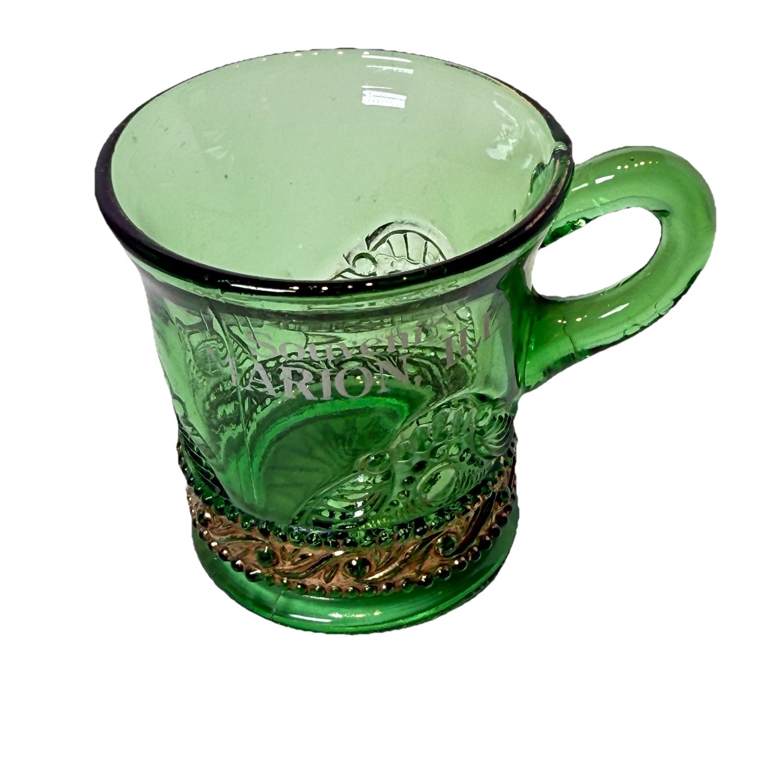 MARION, ILLINOIS IL ANTIQUE Green Depression Souvenir Glass CUP MUG