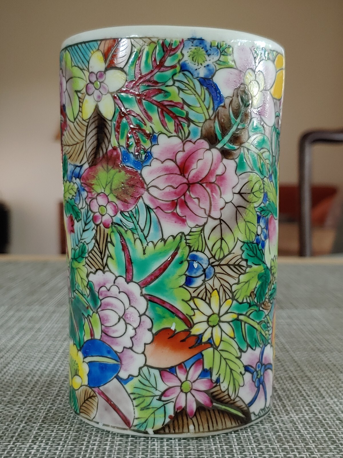 民国手绘粉彩瓷器百花不露地笔筒 Antique China Famille Rose Porcelain Painted Full Flower Art Pot