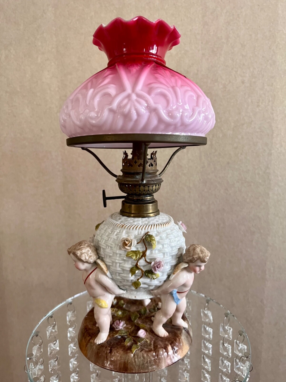 PAIR (2) of 19th Century Hurricane Oil Lamps Baccarat Sitzendorf Porcelain