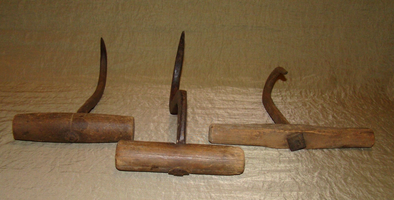 3 Antique Hand Forge Wood Handle Hay Hooks Farmhouse Rustic Primitive Wall Art A