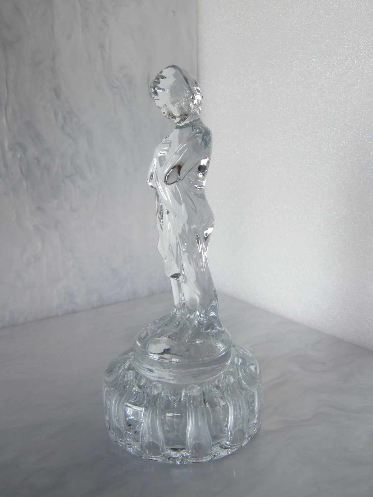 1930’s CAMBRIDGE ART GLASS “BASHFUL CHARLOTTE” DRAPED NUDE CRYSTAL FLOWER FROG