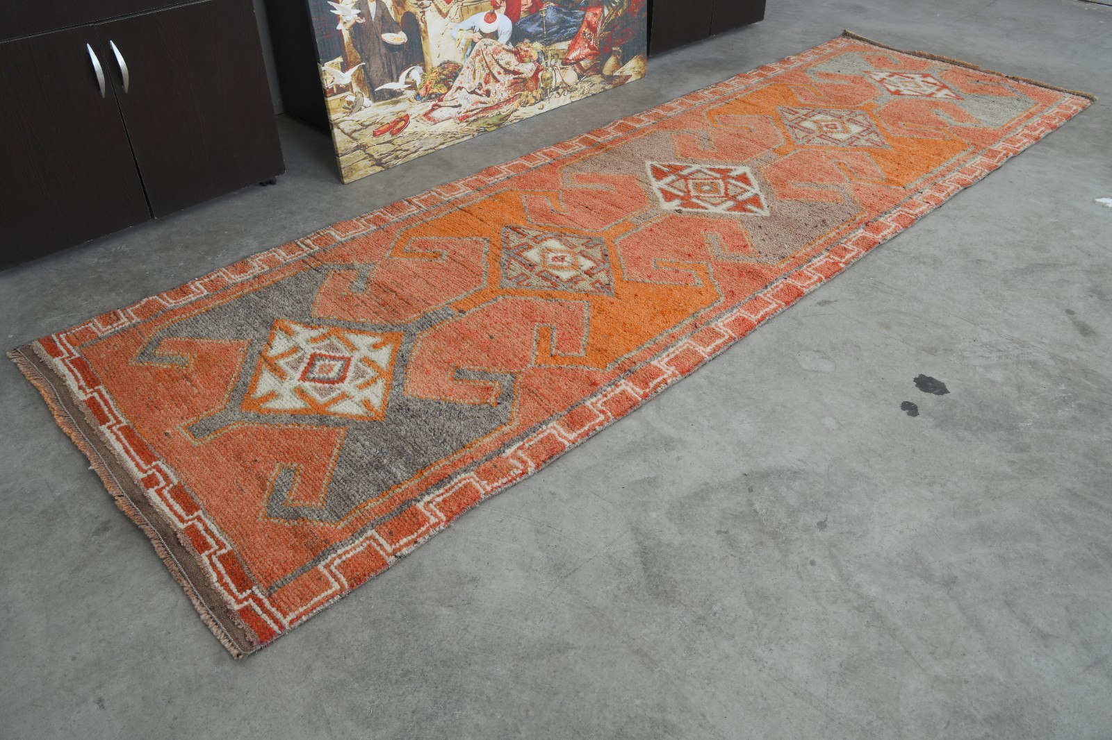 3×10 runner rug, handmade vintage turkish runner rug faded, muted oushak rug,312