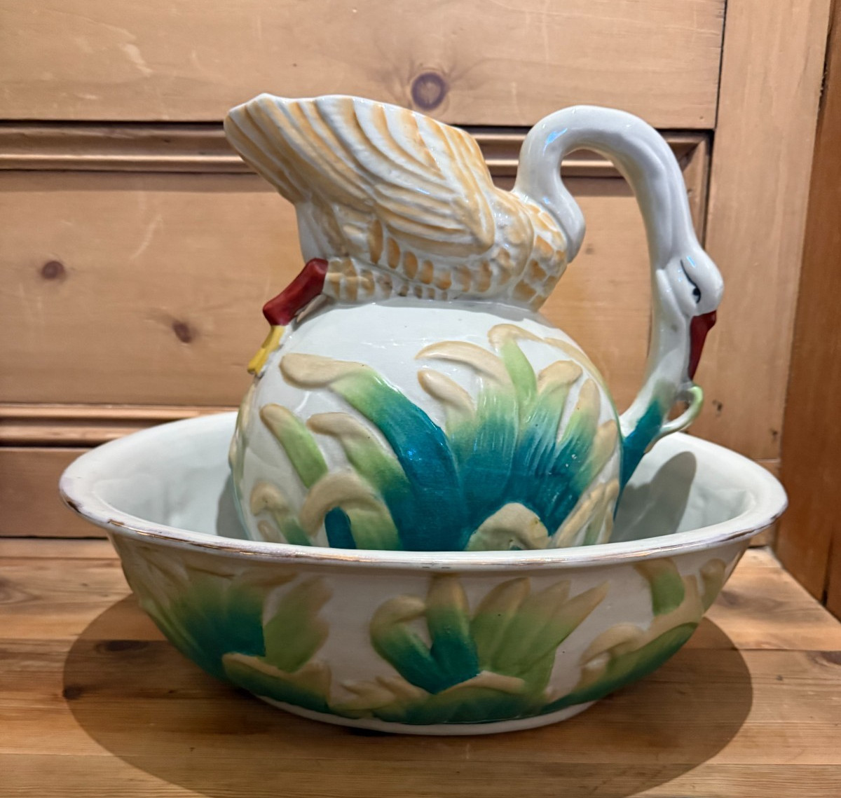 Large Antique English Majolica Swan and Reed Basin & Pitcher (1842-1883)