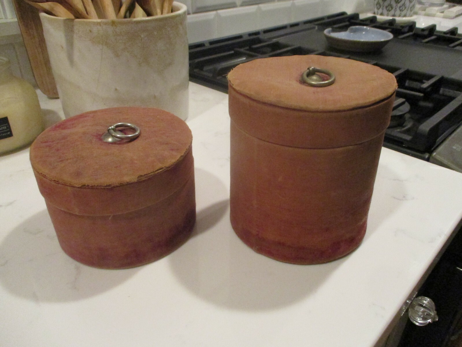 2 grungy antique collar boxes/fabric/round