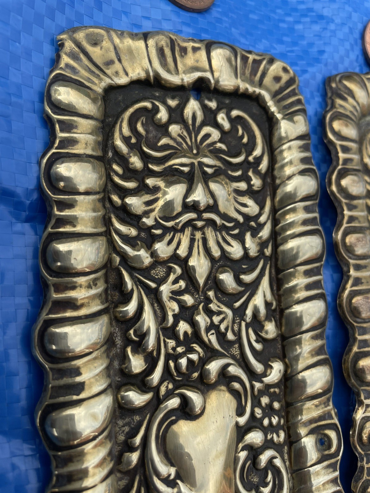 2 GREEN MAN Antique Reclaimed Brass DOOR Finger Push Plates 237x78mm ULTRA RARE
