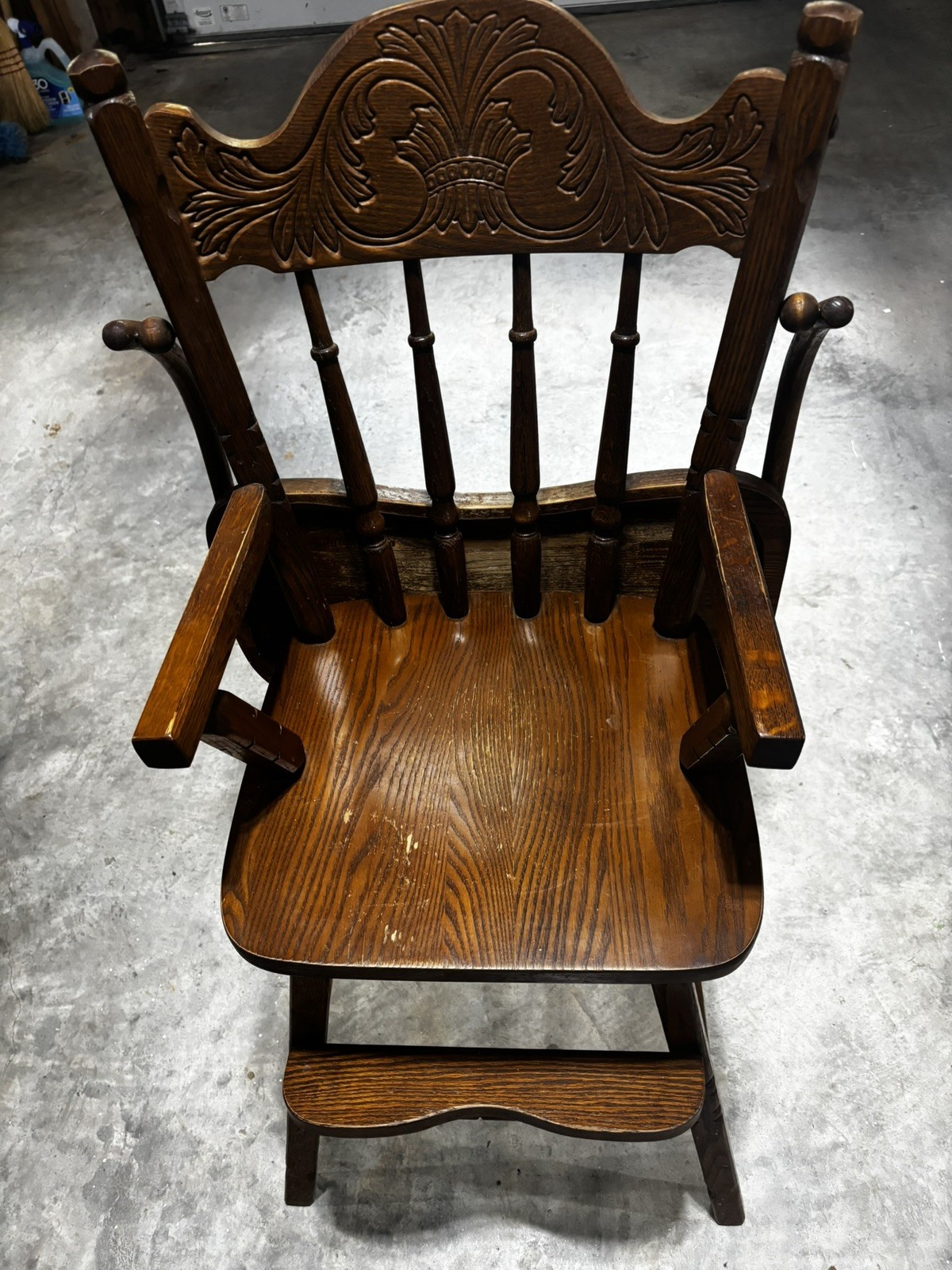 Vintage Solid Oak Pressed Back High Chair | Ornate Carved Wood | Mid-Century