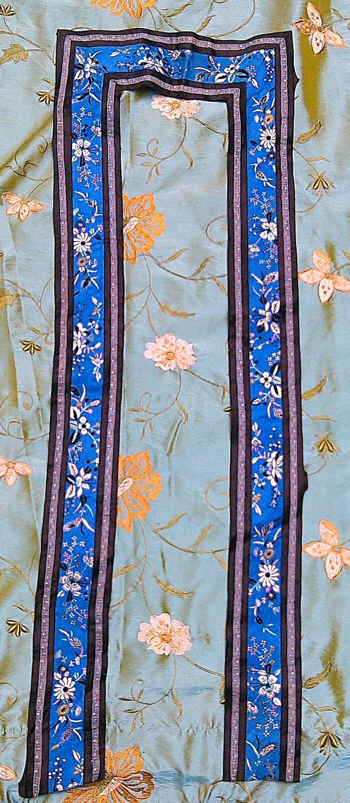 Antique Chinese Very Fine Embroidery Flowers Grasses Robe Trim Piece 32 inches