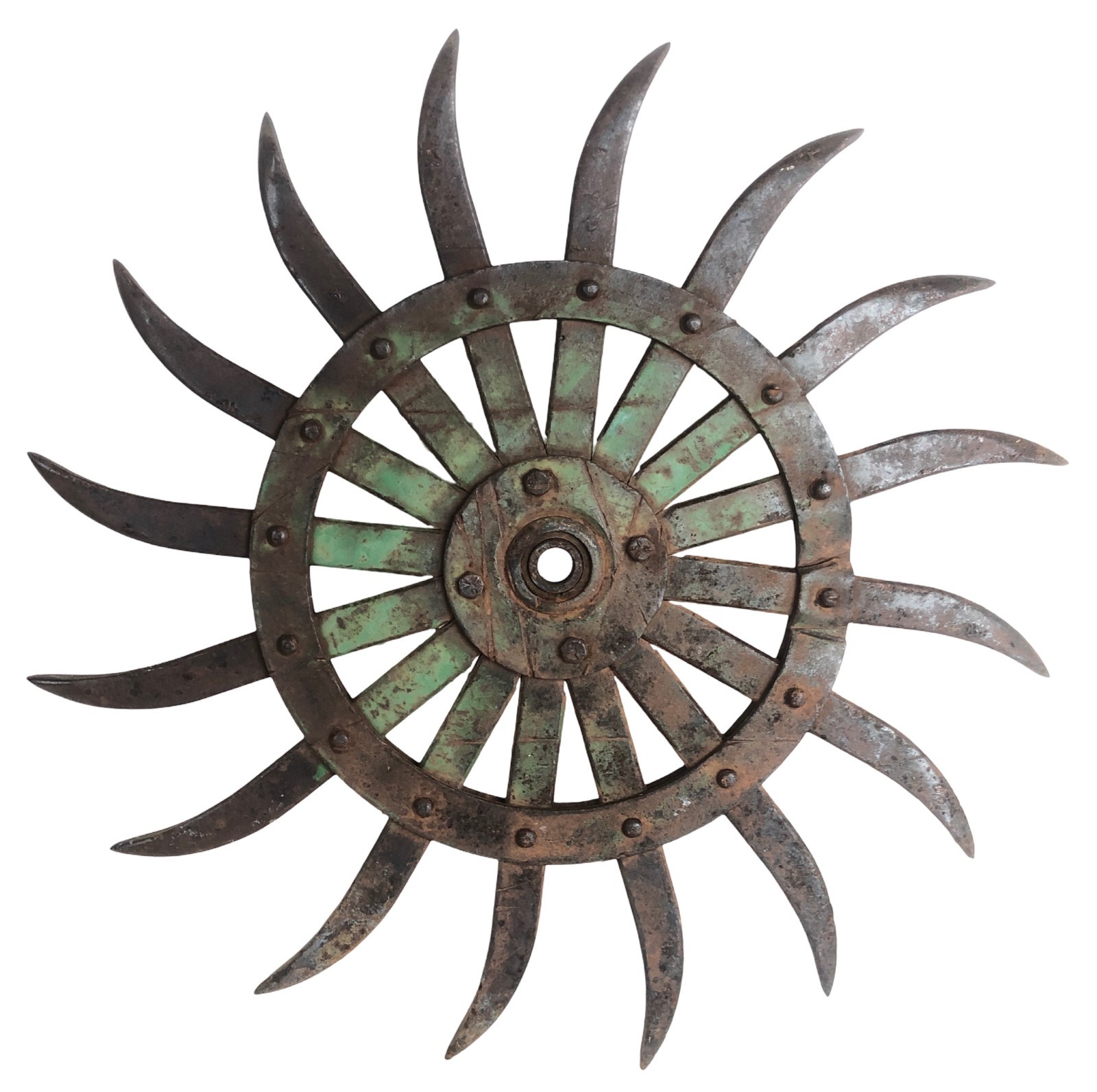 Vintage John Deere Farm Metal Tiller Tool 16 Blades Industrial Yard Art Green