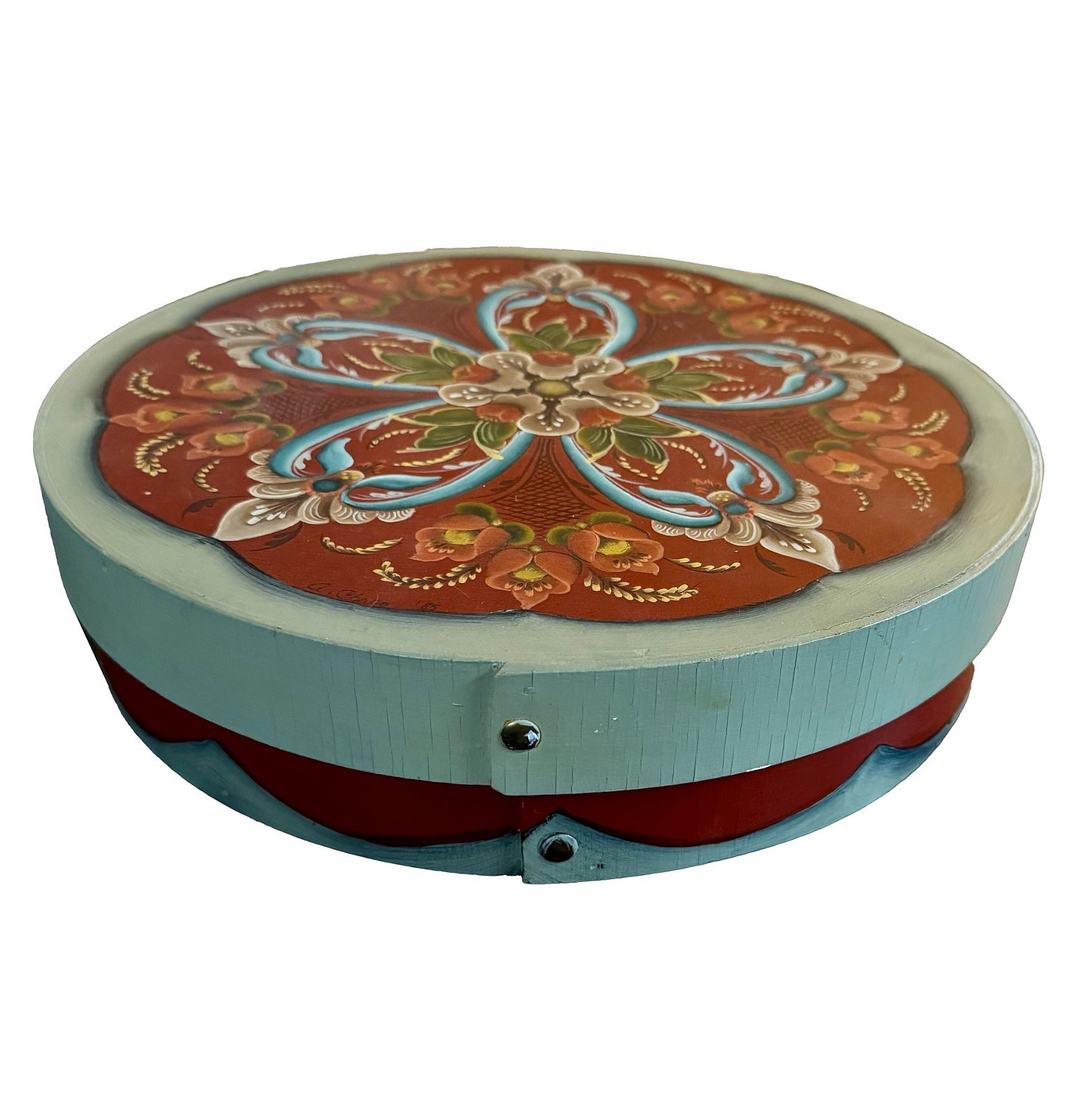 Rosemaling Painted Bentwood Pantry Cheese Box 13″ x 3″ Heavy 2 lbs 14.8 oz VTG