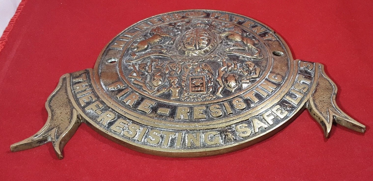 Antique Solid Brass Milners Fire – Resisting Safe Plaque ‘212’ 8 inches