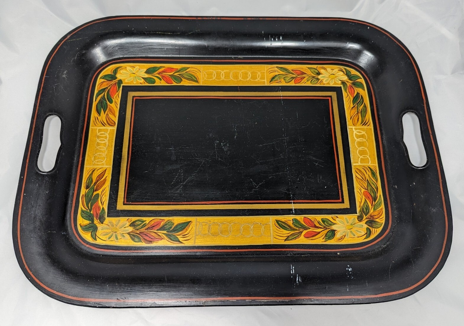 Antique Metal Toleware Handled Tray Handpainted Black Gold Flower & Leaf Design