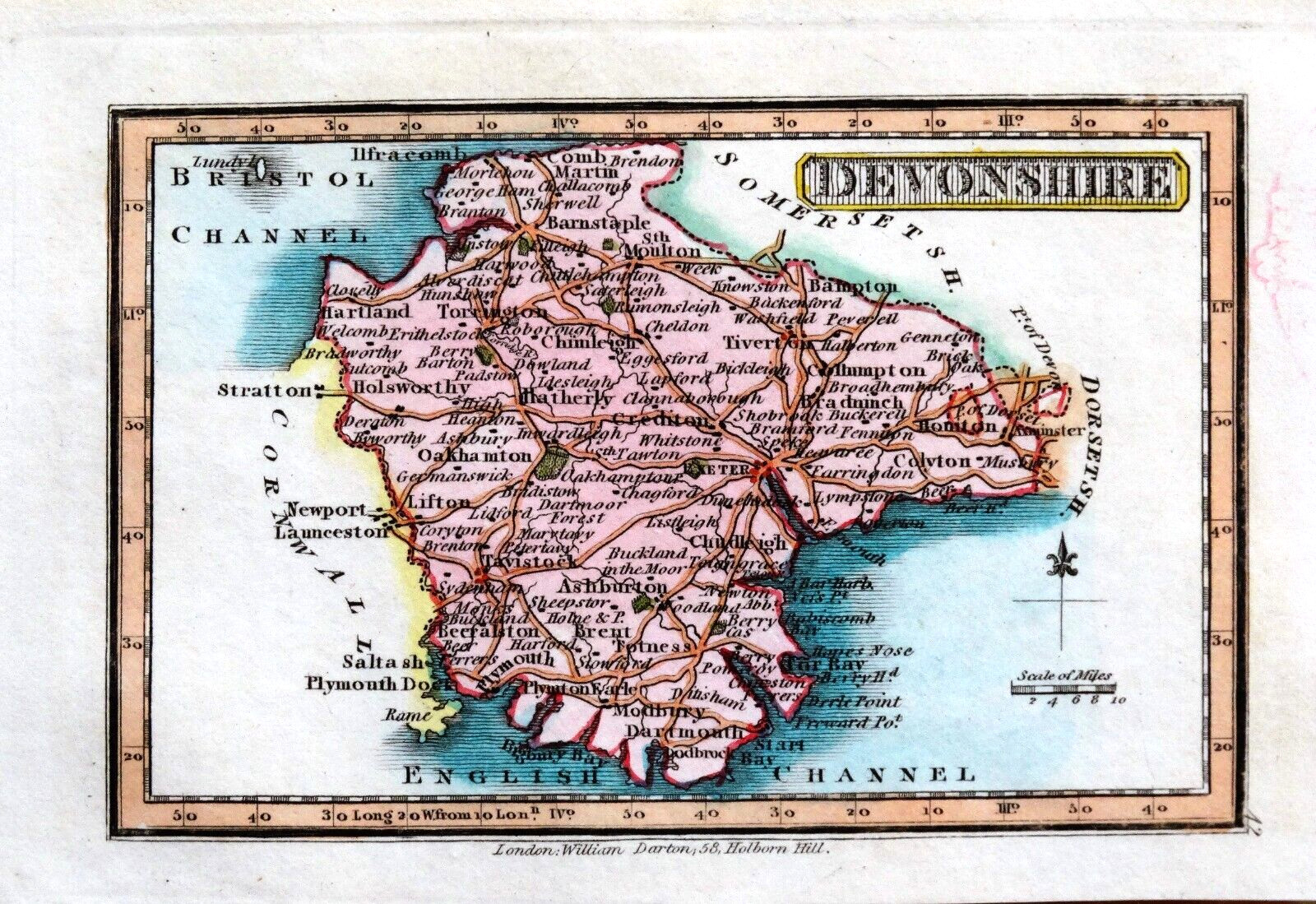 DEVON,DEVONSHIRE, Darton Original Hand Colour Miniature Antique County Map c1822