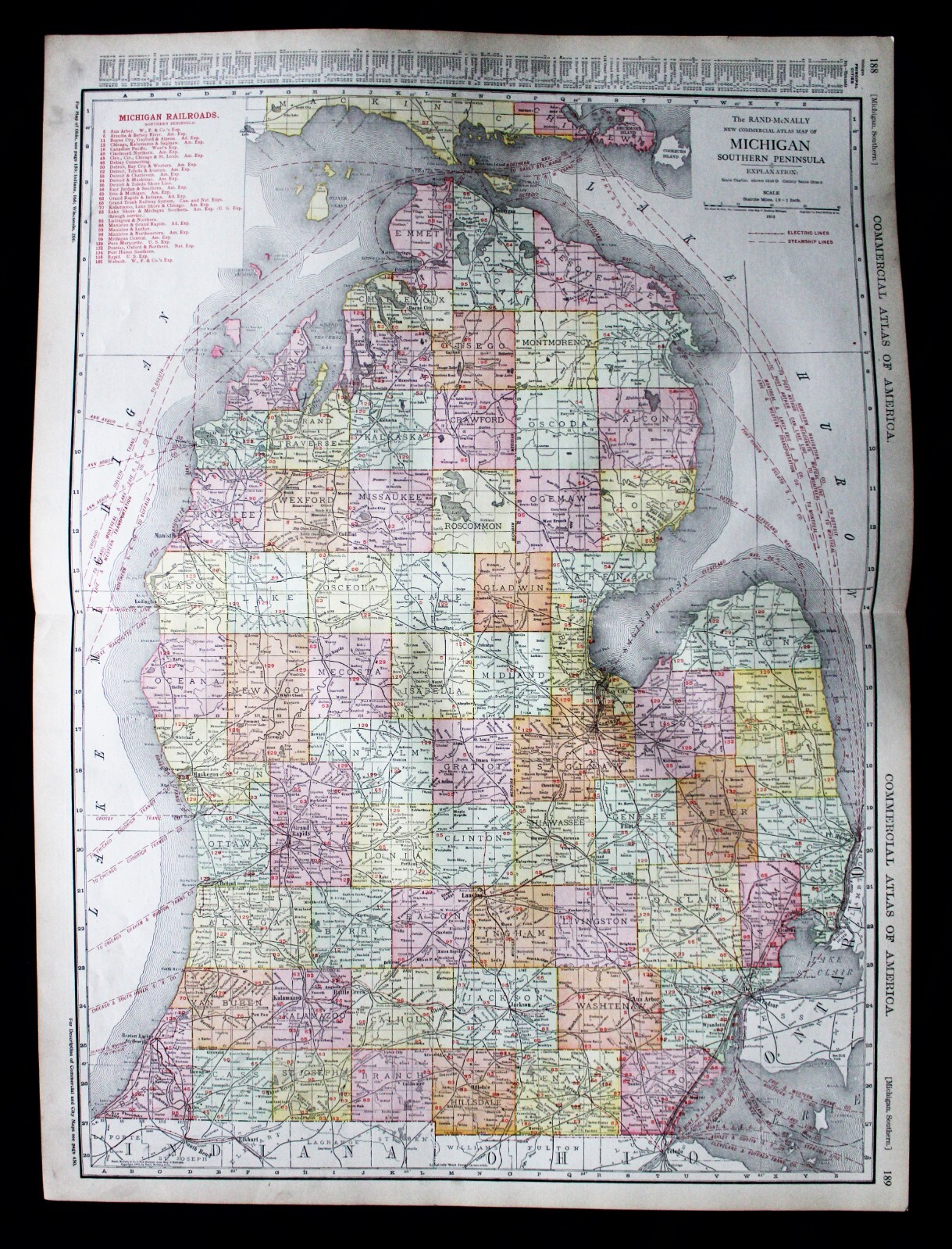 RAND MCNALLY COMMERCIAL ATLAS MAP PAGE STATE OF MICHIGAN 1913 & RAILROAD LINES