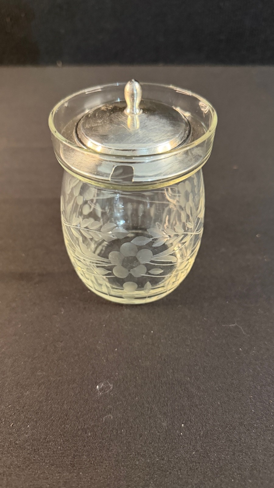 Vintage Etched Glass Jam Jar with Sterling Silver Lid 4 1/2″ tall
