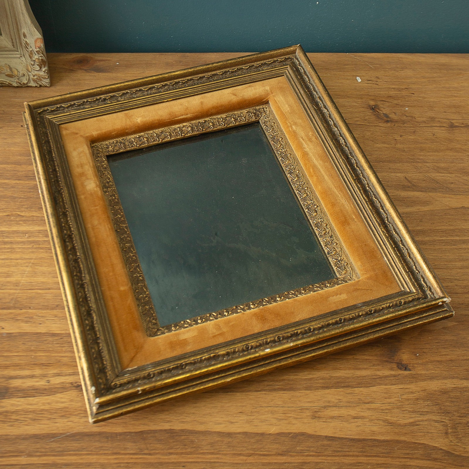 Vtg Ornate Gilt Gold Wall Mirror Victorian Gothic Velvet 16 x 14″