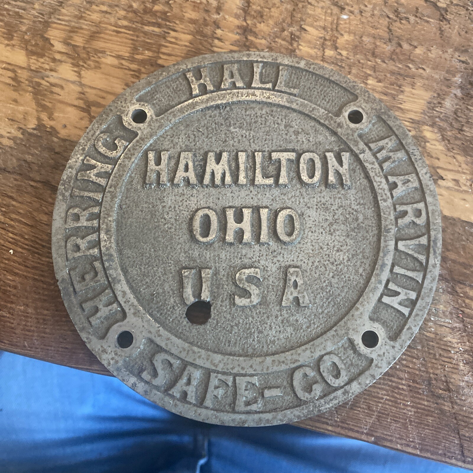 Antique Herring Hall Marvin Safe Co Metal Plaque Dial Wheel Pack Cover Nameplate