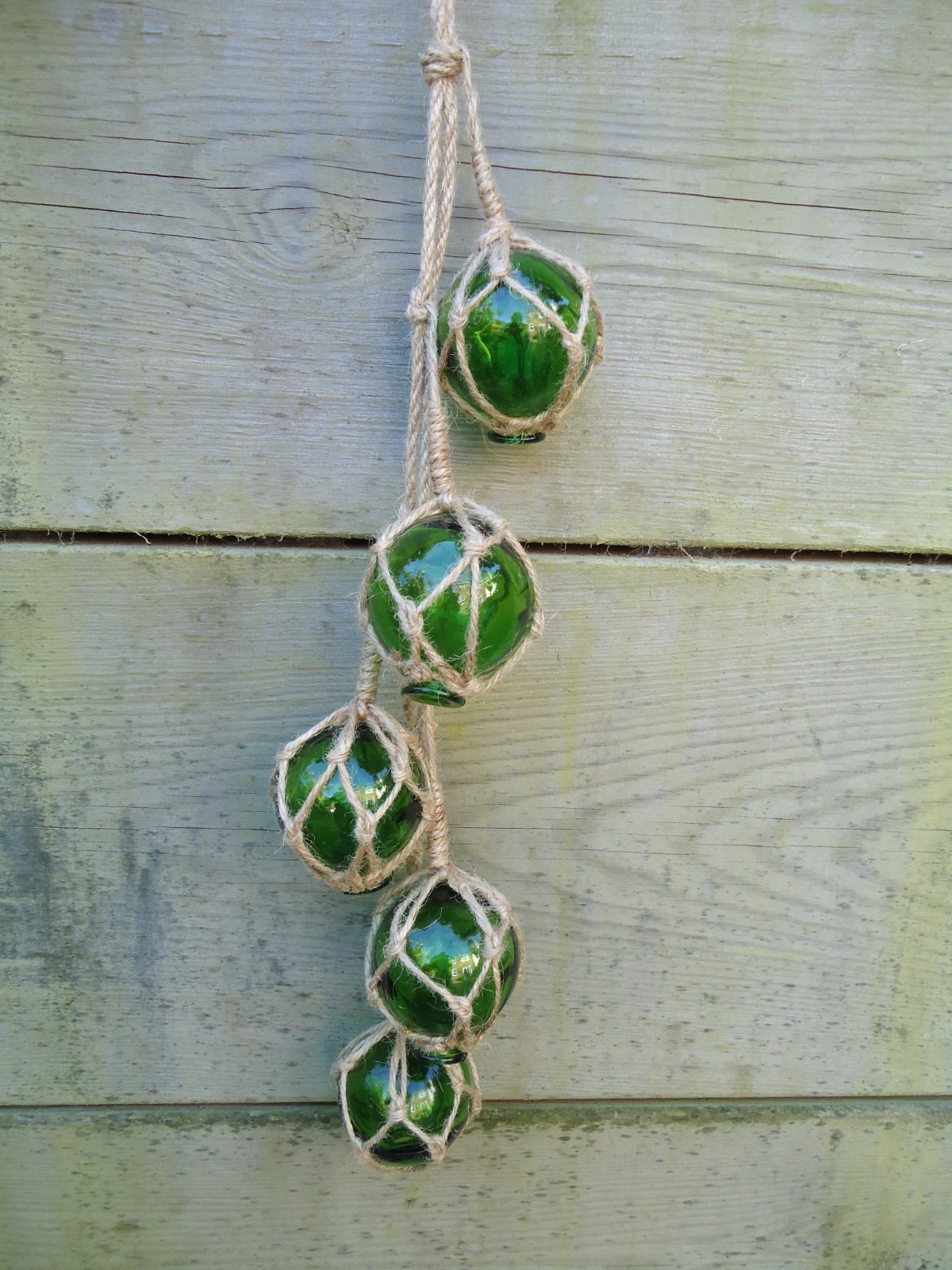 5 Green Fishing Boat Net Glass Floats On Rope Ball Nautical Beach Tiki Bar 55
