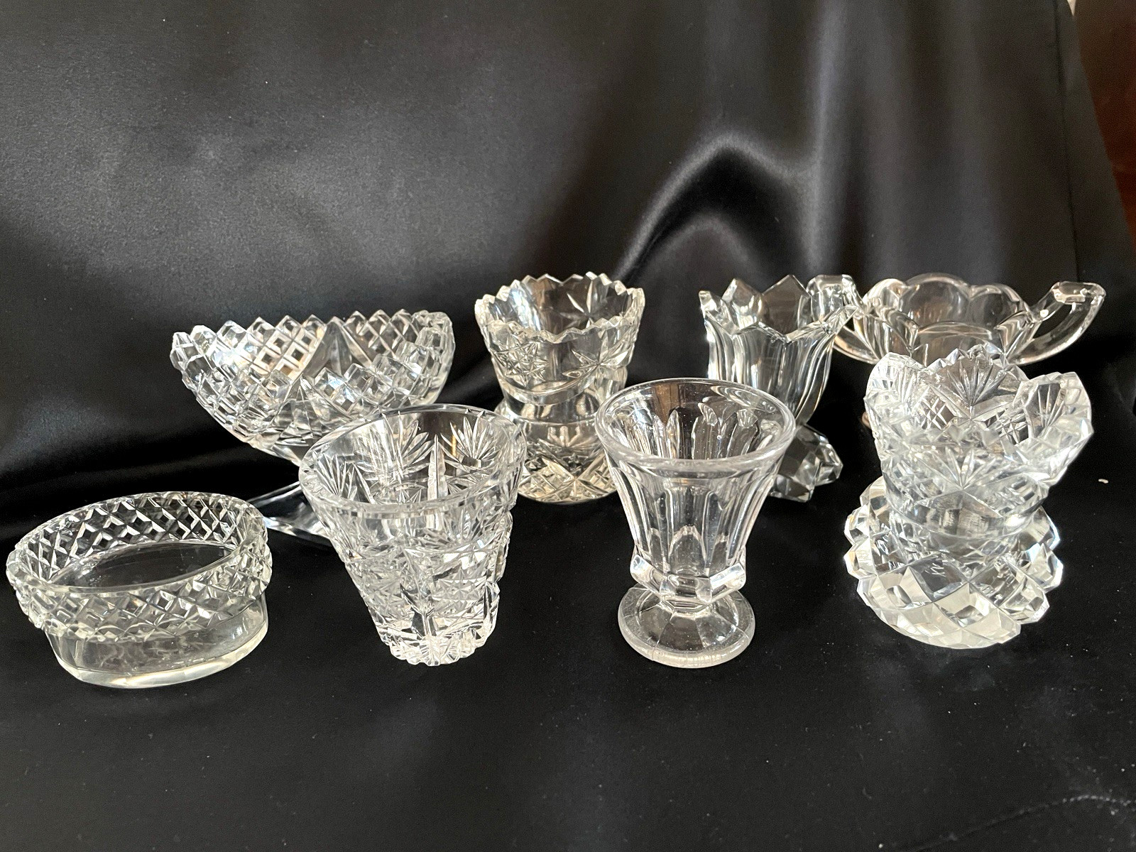 8 Vintage miniature cut-glass & crystal vases from England ~ 2″ tall