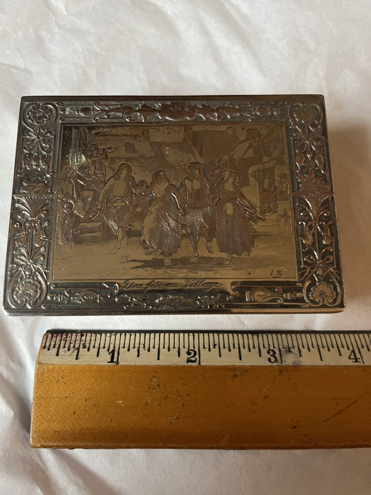 Victorian Etched Silver Stamp Box Ornate Beautiful Design “Une Fete Au Village”