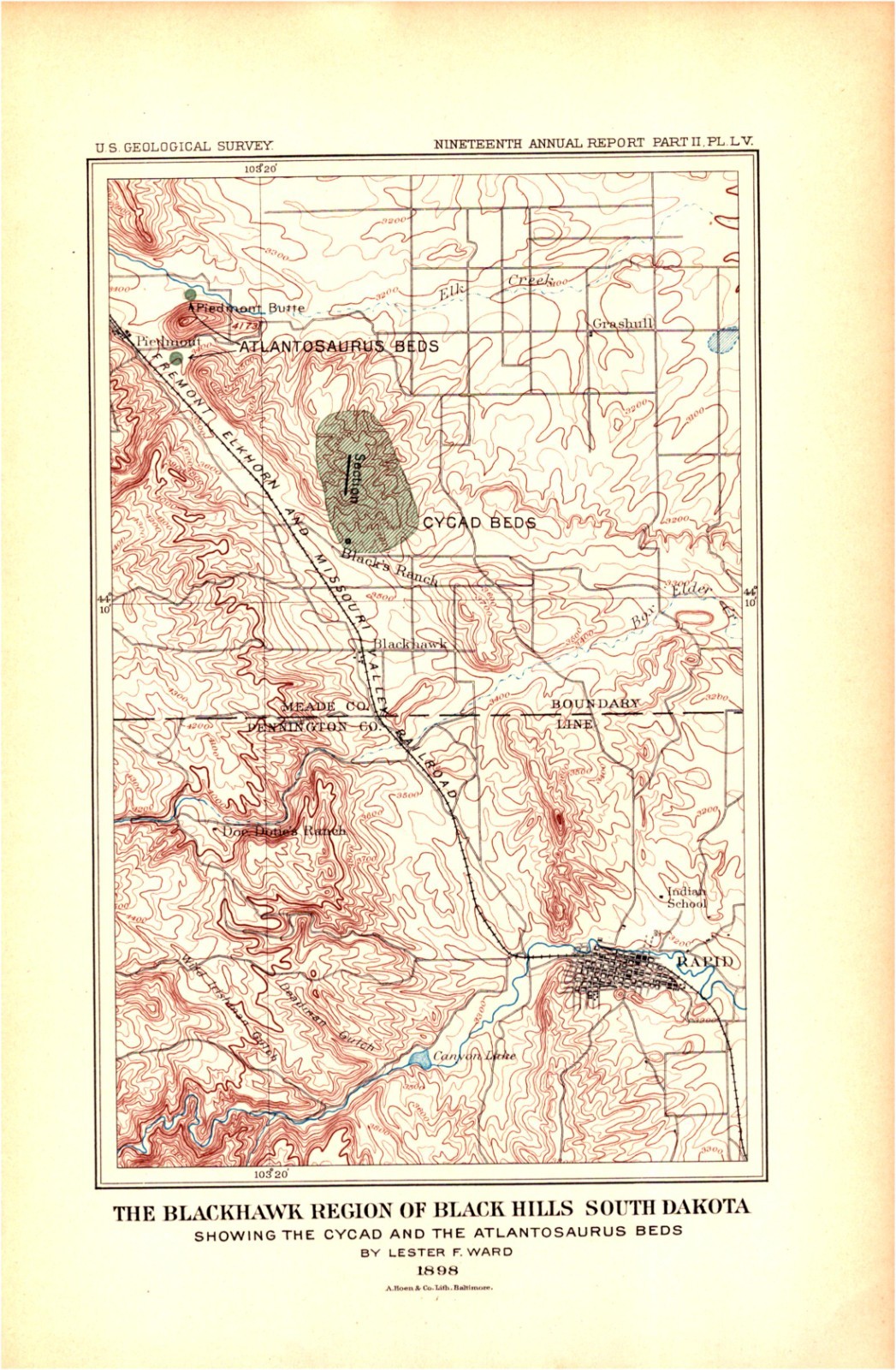 Antique 1899 USGS Map — Blackhawk Region, Black Hills, South Dakota Fossil Beds