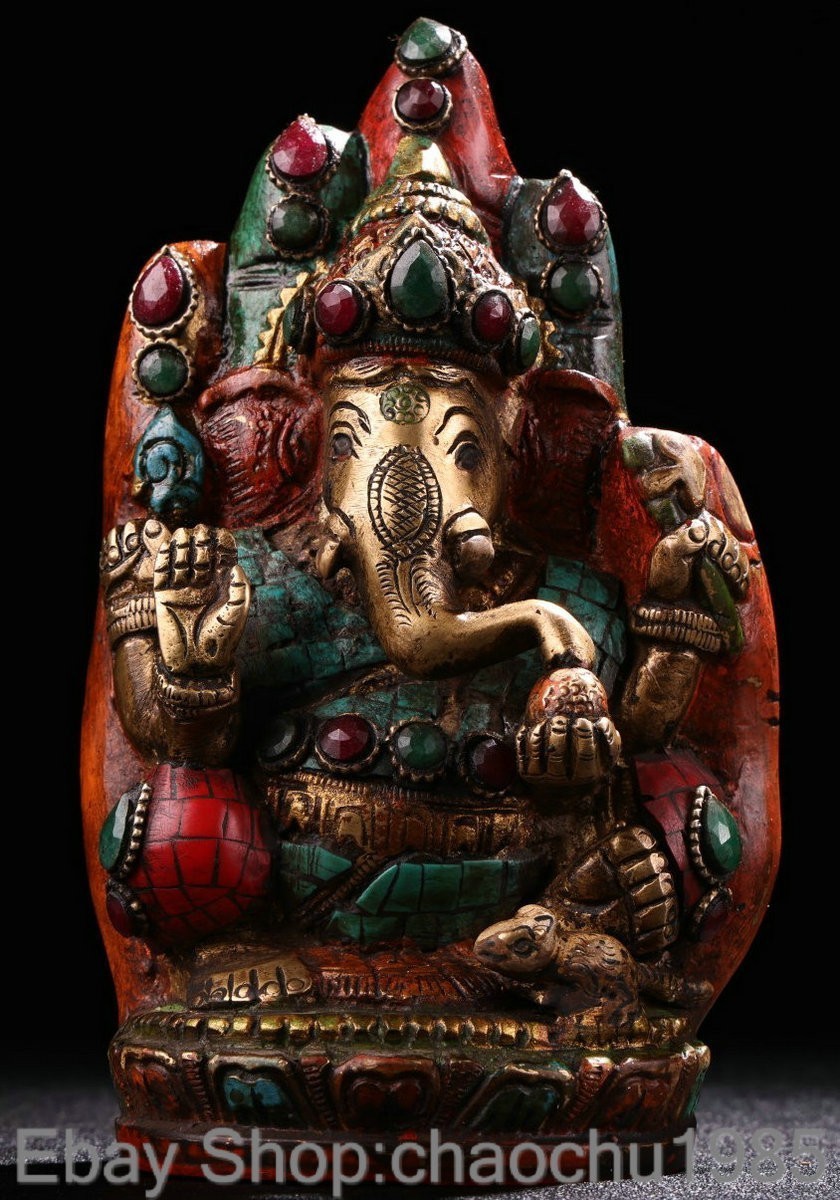 6.4″ Old Tibet Copper Turquoise Buddhism Ganesha Elephant Buddha Hand Statue