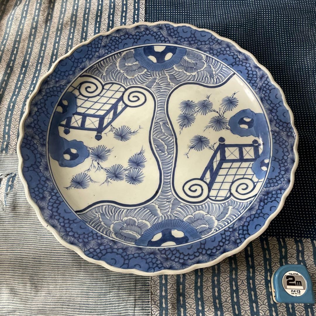 Antique Japanese Imari Plate Blue and White Pine Peony Window Painting Large
