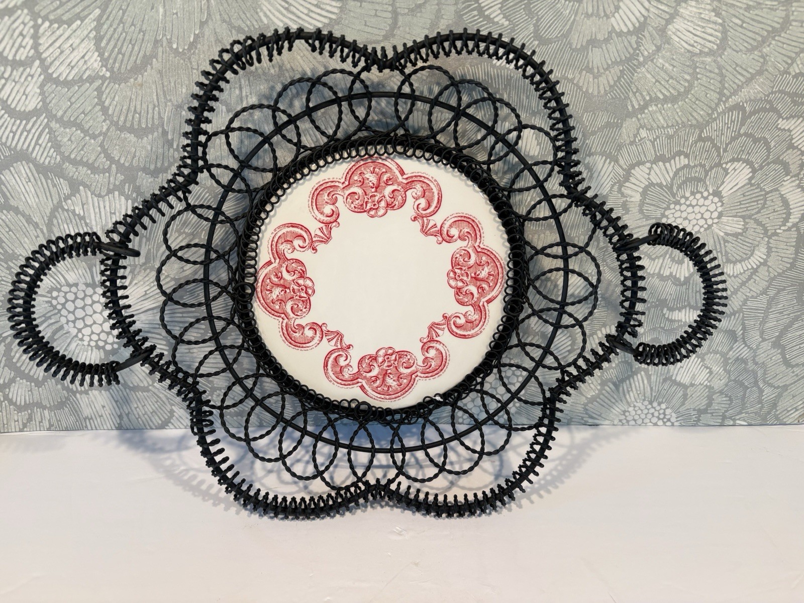 Vtg French English Cottage Ceramic Plate & Black Wire Basket Red White Antique?