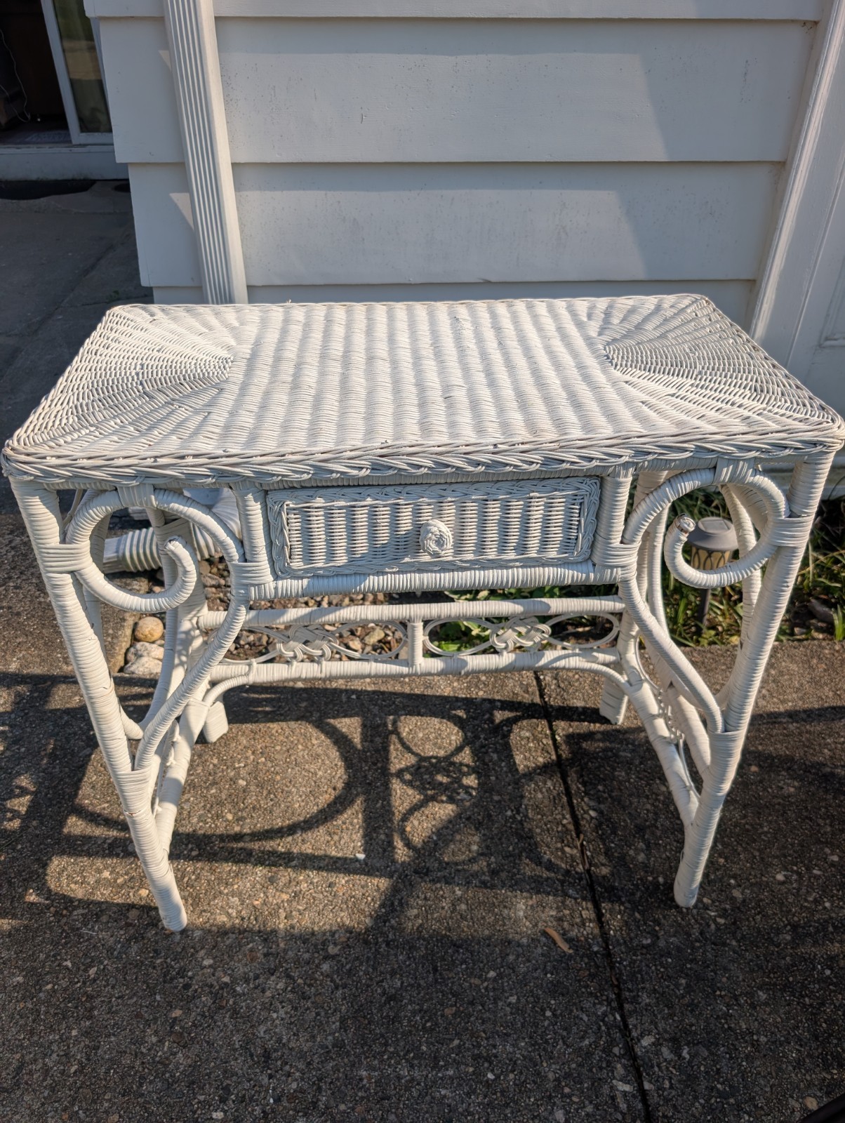 Vintage White Wicker Table Desk Vanity w/ Drawer