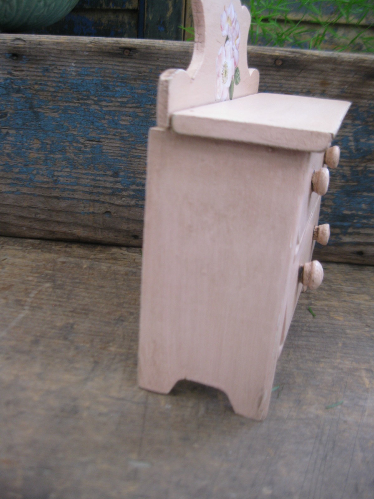 Very Small Antique Wood Doll’s Dresser New Blush Pink Milk Paint Rose Transfer