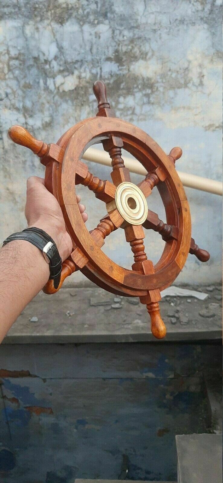 ANTIQUE 12” SHIP BOAT STEERING WHEEL BRASS WOOD NAUTICAL 6 HANDLE HANDCRAFTED
