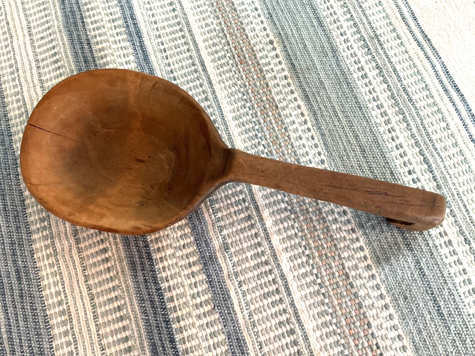 Primitive Swedish Scoop Spoon with Hook Handle, 7 1/4” L, One Piece, Hand-carved