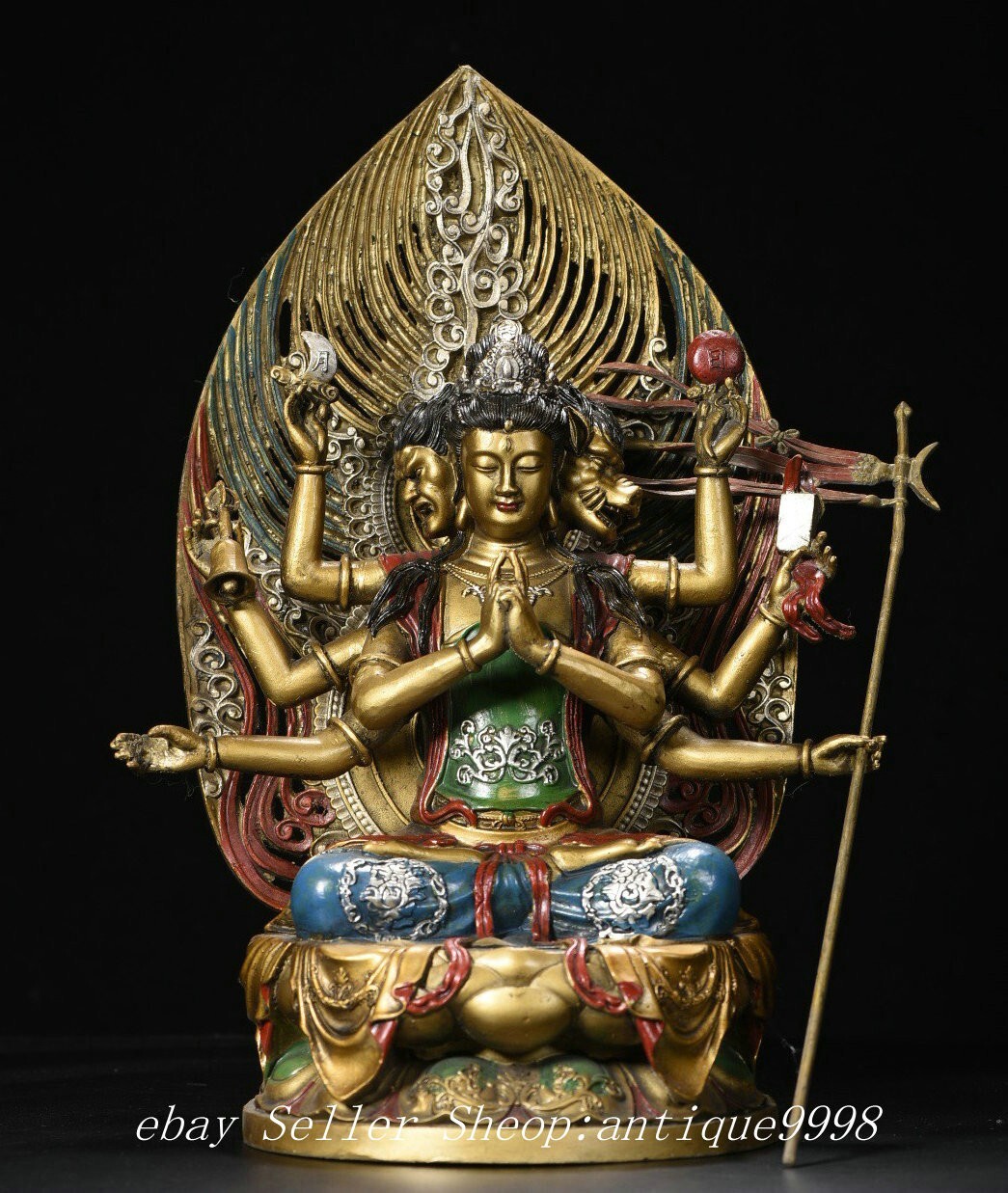 Tibet Copper Painting 3 Head 8 Arms Kwan-yin Quan Yin Bodhisattva Buddha Statue