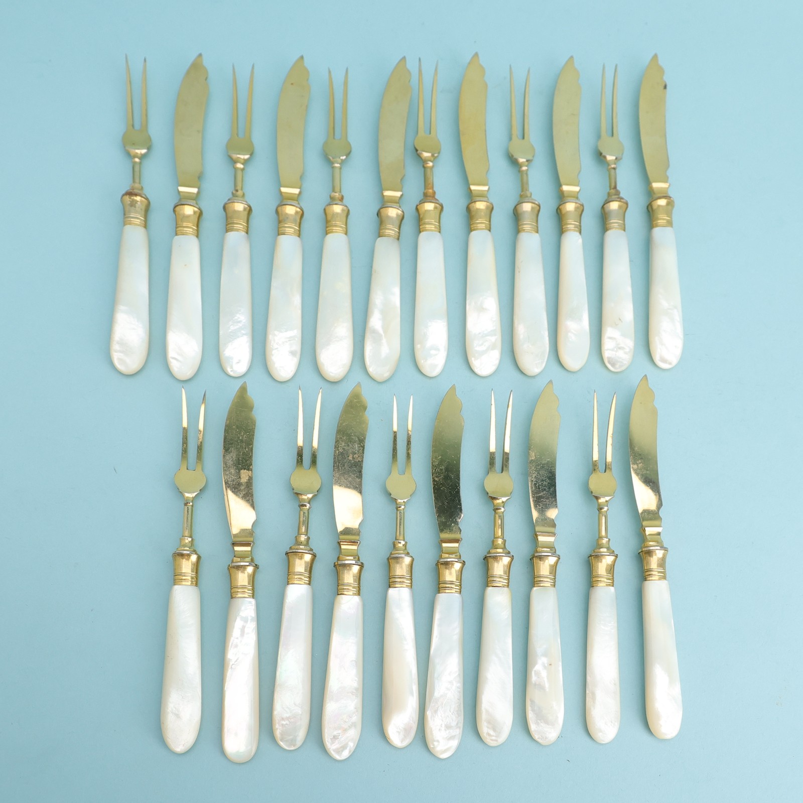 Fruit or Hors d’oeuvre Service for 11 (22 Pieces) Forks Knives Gold Plate Pearl