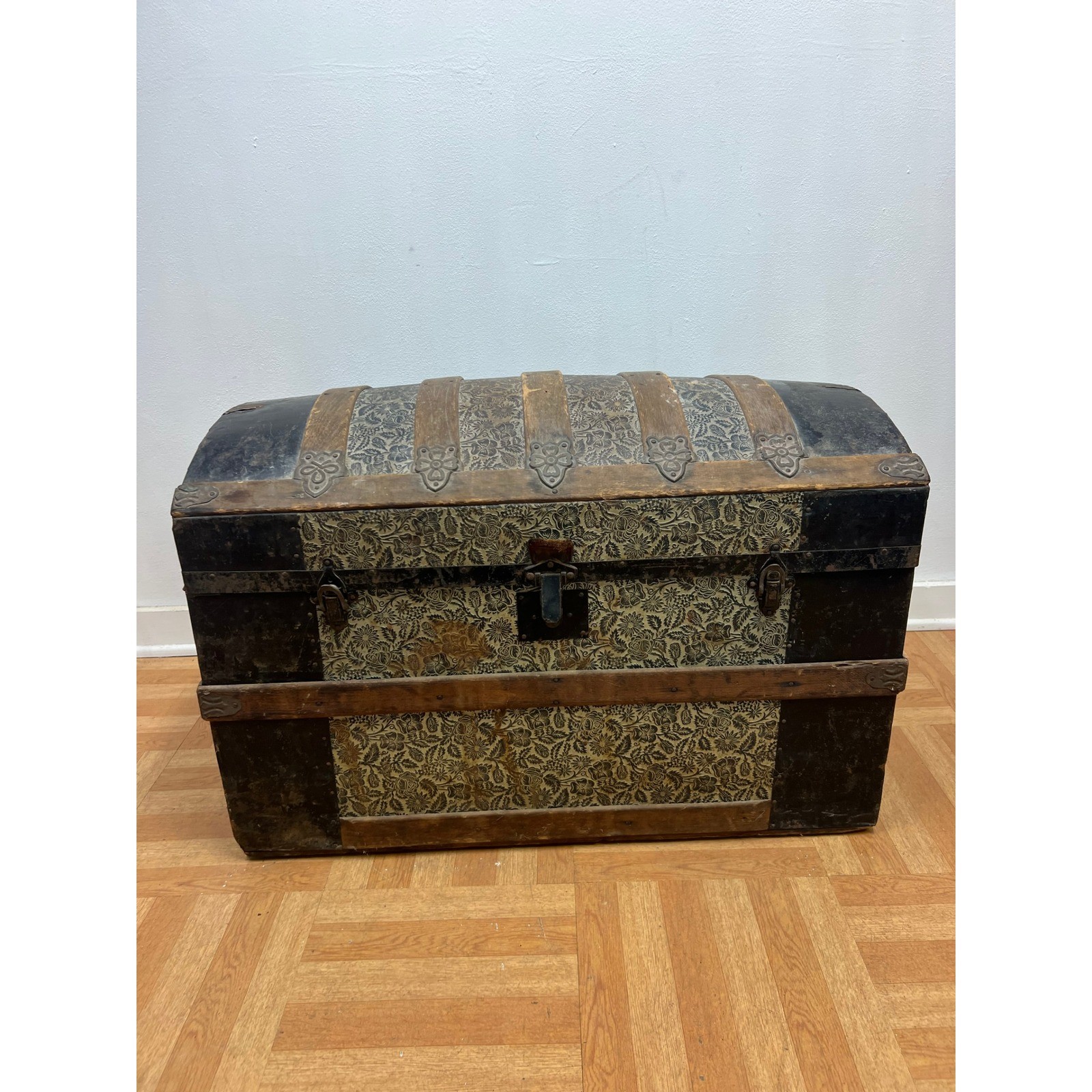Antique Camelback Steamer Trunk Wood Vintage Storage Chest Humpback Embossed USA