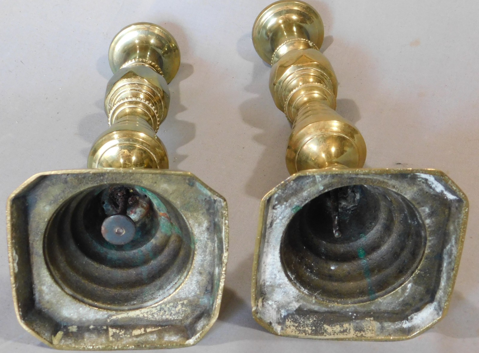Antique Pair British Brass Candlesticks RD 223580 1893 Victorian Queen Anne