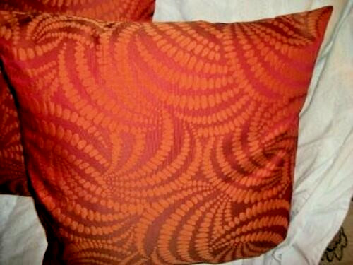 1970s Mid Century Mod Throw Pillows Feather Fill Brocade Dots Swirls Red Orange